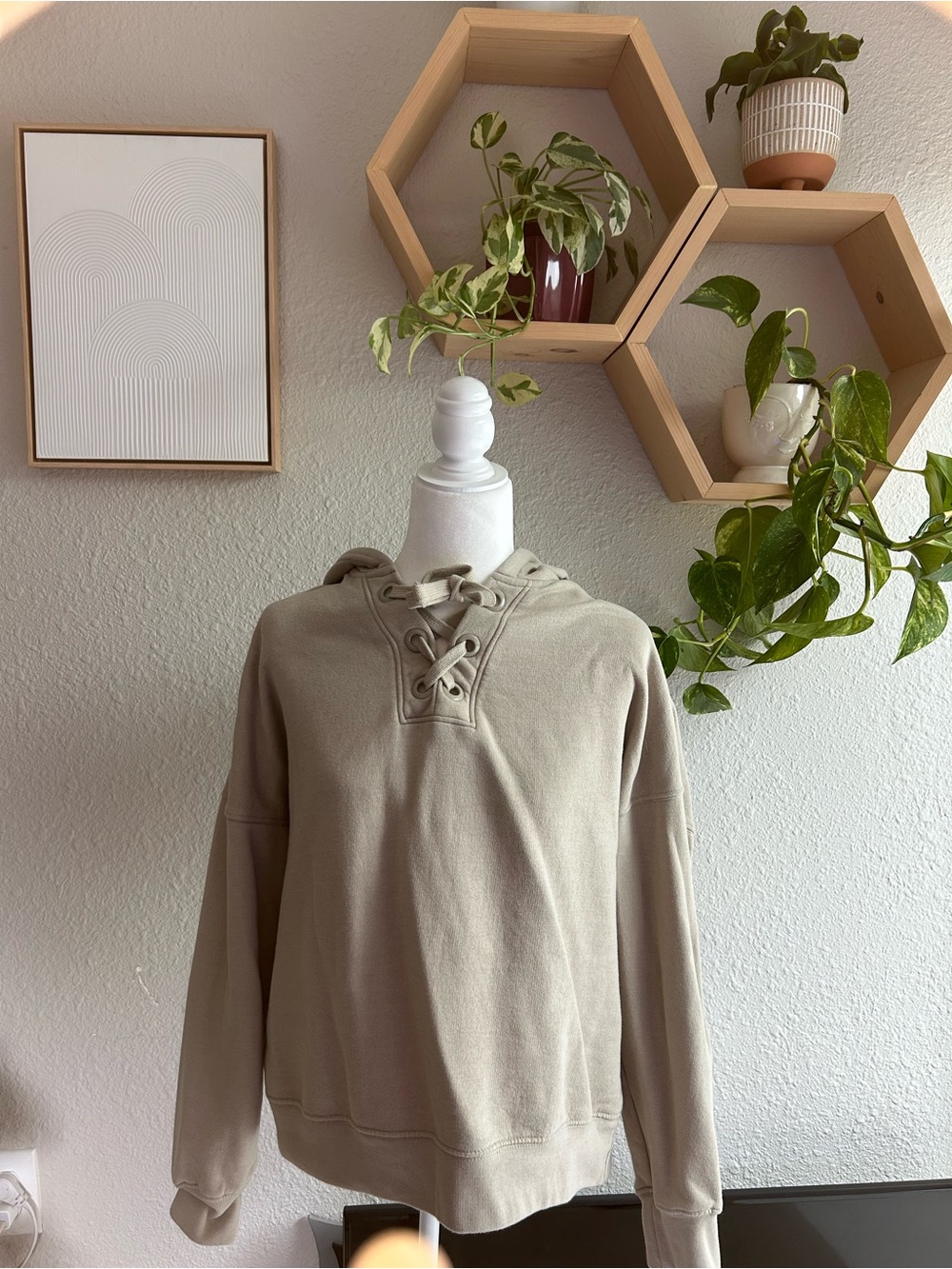 Lace-Up Hooded Pullover Sweater - Beige